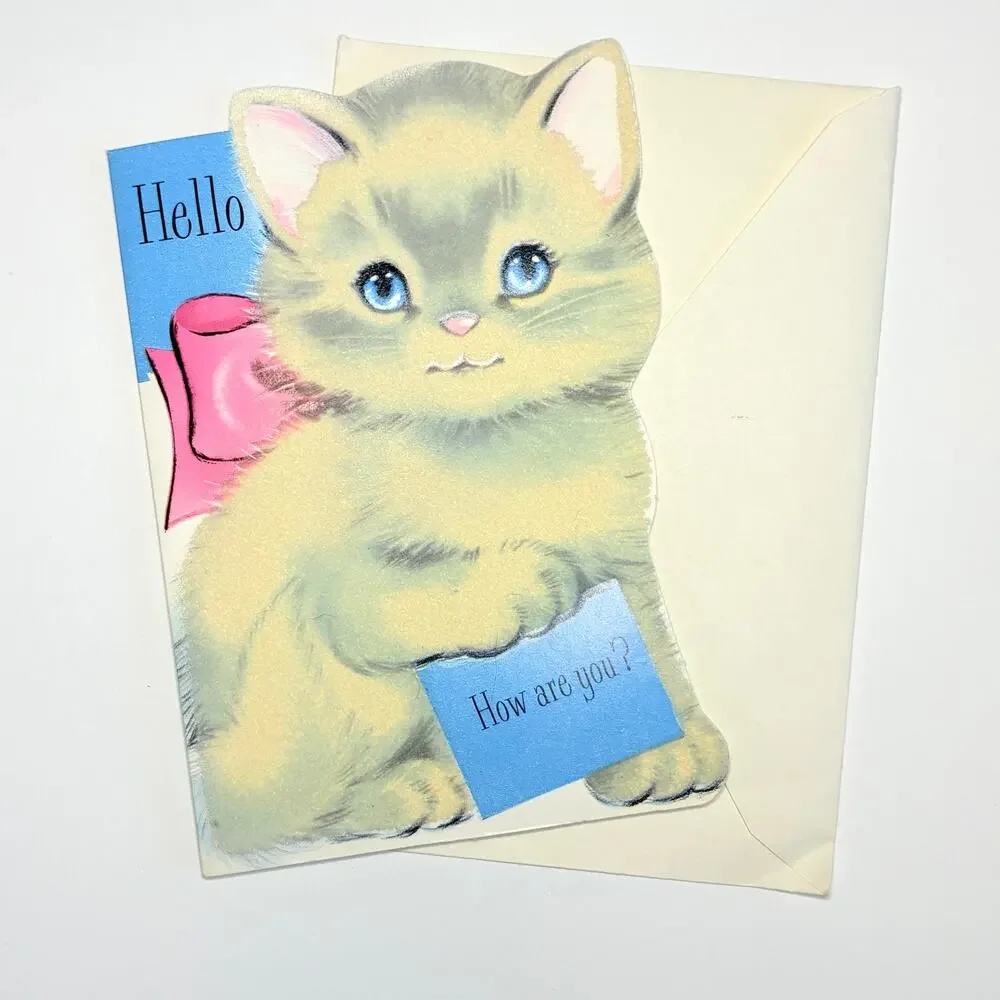 1970’s Norcross Flocked Greeting Card Cat Kitten How Are You? Snowball Unused